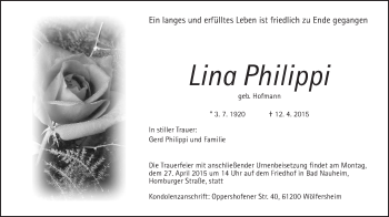 Traueranzeige von Lina Philippi von Wetterauer Zeitung, Wetterauer Zeitung