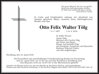 Traueranzeige von Otto Felix Walter Tölg von Wetterauer Zeitung, Wetterauer Zeitung