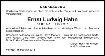 Traueranzeige von Ernst Ludwig Hahn von Licher Wochenblatt, Licher Wochenblatt, Licher Wochenblatt