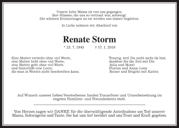 Traueranzeige von Renate Storm von Gießener Allgemeine, Alsfelder Allgemeine
