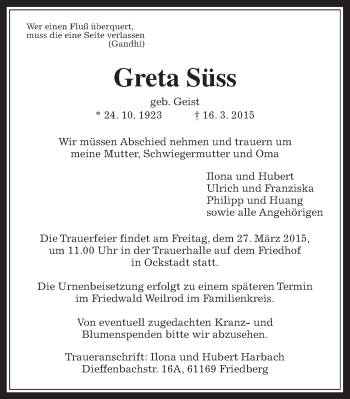 Traueranzeige von Greta Süss von Wetterauer Zeitung, Wetterauer Zeitung