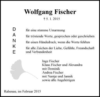 Traueranzeige von Wolfgang Fischer von Gießener Allgemeine, Alsfelder Allgemeine