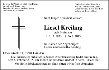 Traueranzeige von Liesel Kreiling von Gießener Allgemeine, Alsfelder Allgemeine