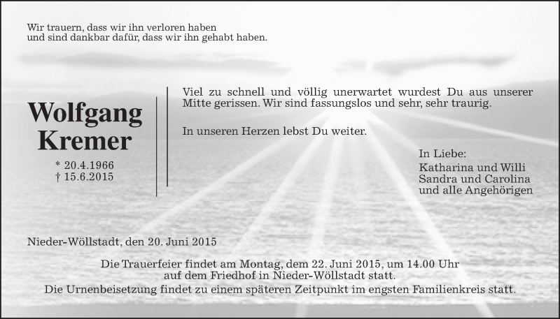  Traueranzeige für Wolfgang Kremer vom 20.06.2015 aus Wetterauer Zeitung, Wetterauer Zeitung