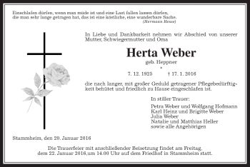 Traueranzeige von Herta Weber von Wetterauer Zeitung, Wetterauer Zeitung