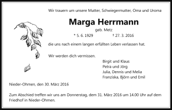 Traueranzeige von Marga Hermann von Alsfelder Allgemeine