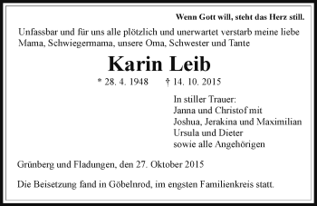 Traueranzeige von Karin Leib von Gießener Allgemeine, Alsfelder Allgemeine