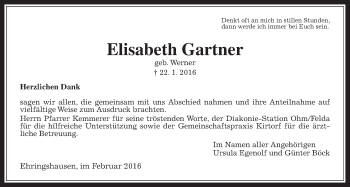 Traueranzeige von Elisabeth Gartner von Alsfelder Allgemeine