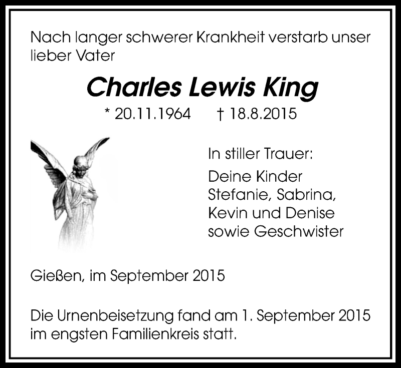  Traueranzeige für Charles Lewis King vom 10.09.2015 aus Licher Wochenblatt, Licher Wochenblatt, Licher Wochenblatt