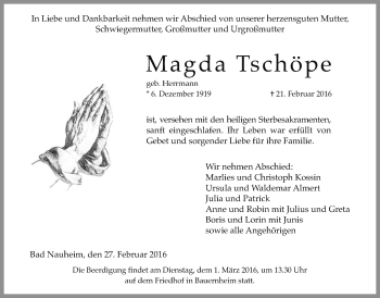 Traueranzeige von Magda Tschöpe von Wetterauer Zeitung, Wetterauer Zeitung