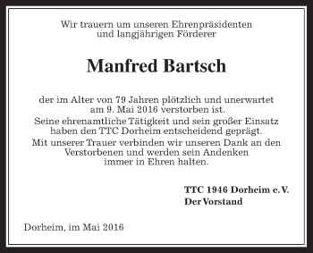 Traueranzeige von Manfred Bartsch von Wetterauer Zeitung, Wetterauer Zeitung