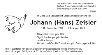 Traueranzeige von Johann (Hans) Zeisler von Wetterauer Zeitung, Wetterauer Zeitung