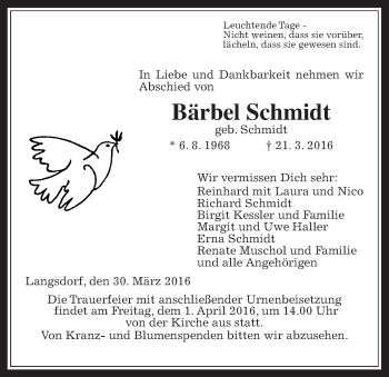 Traueranzeige von Bärbel Schmidt von Gießener Allgemeine, Alsfelder Allgemeine