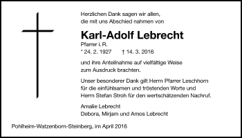 Traueranzeige von Karl-Adolf Lebrecht von Gießener Allgemeine, Alsfelder Allgemeine