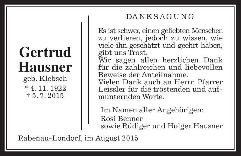  Traueranzeige für Gertrud Hausner vom 20.08.2015 aus Rabenauer Zeitung