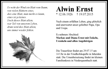 Traueranzeige von Alwin Ernst von Gießener Allgemeine, Alsfelder Allgemeine