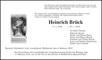 Traueranzeige von Heinrich Brück von Gießener Allgemeine, Alsfelder Allgemeine