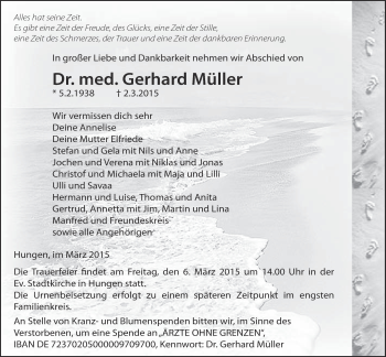 Traueranzeige von Gerhard Müller von Gießener Allgemeine, Alsfelder Allgemeine