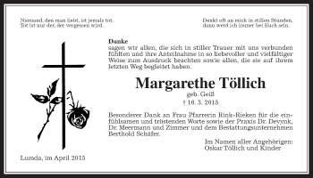 Traueranzeige von Margarethe Töllich von Gießener Allgemeine, Alsfelder Allgemeine