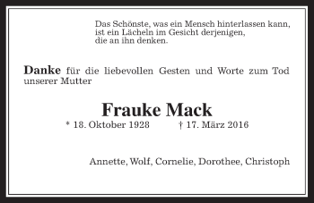 Traueranzeige von Frauke Mack von Heimatzeitung Grünberg + Laubach, Laubacher Anzeiger