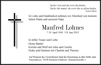 Traueranzeige von Manfred Lohnes von Wetterauer Zeitung, Wetterauer Zeitung
