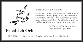 Traueranzeige von Friedrich Och von Wetterauer Zeitung, Wetterauer Zeitung