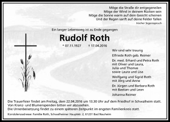 Traueranzeige von Rudolf Roth von Wetterauer Zeitung, Wetterauer Zeitung