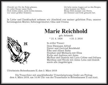 Traueranzeige von Marie Reichhold von Gießener Allgemeine, Alsfelder Allgemeine