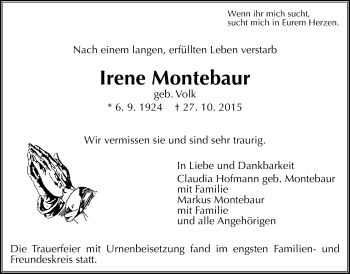 Traueranzeige von Irene Montebaur von Gießener Allgemeine, Alsfelder Allgemeine