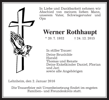 Traueranzeige von Werner Rothhaupt von Gießener Allgemeine, Alsfelder Allgemeine