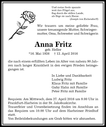 Traueranzeige von Anna Fritz von Wetterauer Zeitung, Wetterauer Zeitung