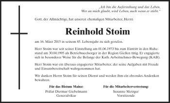 Traueranzeige von Reinhold Stoim von Gießener Allgemeine, Alsfelder Allgemeine
