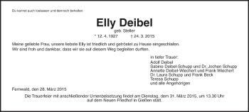 Traueranzeige von Elly Deibel von Gießener Allgemeine, Alsfelder Allgemeine
