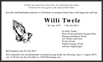 Traueranzeige von Willi Twele von Wetterauer Zeitung, Wetterauer Zeitung