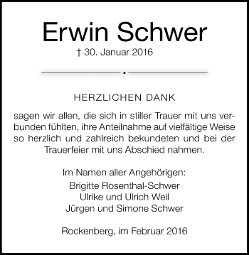 Traueranzeige von Erwin Schwer von Wetterauer Zeitung, Wetterauer Zeitung