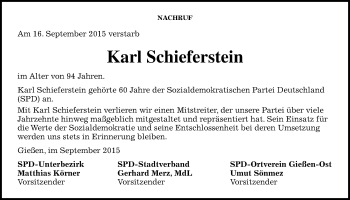 Traueranzeige von Karl Schieferstein von Gießener Allgemeine, Alsfelder Allgemeine