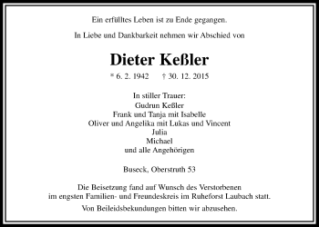 Traueranzeige von Dieter Keßler von Gießener Allgemeine, Alsfelder Allgemeine