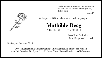 Traueranzeige von Mathilde Deeg von Gießener Allgemeine, Alsfelder Allgemeine