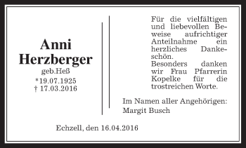 Traueranzeige von Anni Herzberger von Wetterauer Zeitung, Wetterauer Zeitung