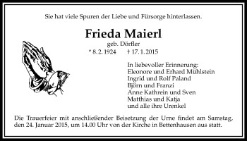 Traueranzeige von Frieda Maierl von Giessener Allgemeine, Alsfelder Allgemeine