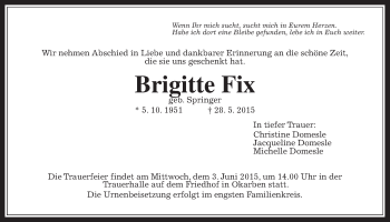 Traueranzeige von Brigitte Fix von Wetterauer Zeitung