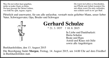 Traueranzeige von Gerhard Schulz von Gießener Allgemeine, Alsfelder Allgemeine