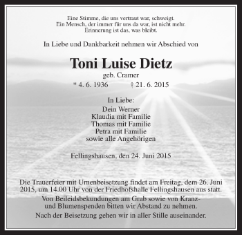 Traueranzeige von Toni Luise Dietz von Gießener Allgemeine, Alsfelder Allgemeine
