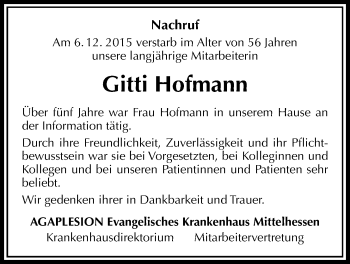 Traueranzeige von Gitti Hofmann von Gießener Allgemeine, Alsfelder Allgemeine