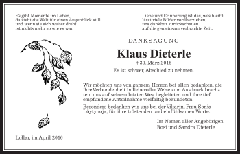 Traueranzeige von Klaus Dieterle von Gießener Allgemeine, Alsfelder Allgemeine