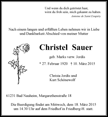 Traueranzeige von Christine Sauer von Wetterauer Zeitung, Wetterauer Zeitung