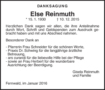 Traueranzeige von Else Reinmuth von Gießener Allgemeine, Alsfelder Allgemeine