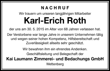 Traueranzeige von Karl-Erich Roth von Gießener Allgemeine, Alsfelder Allgemeine