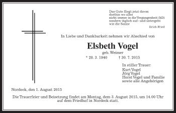 Traueranzeige von Elsbeth Vogel von Gießener Allgemeine, Alsfelder Allgemeine