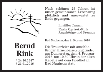 Traueranzeige von Bernd Rink von Wetterauer Zeitung, Wetterauer Zeitung